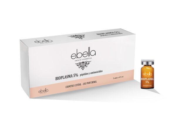 Marca: Ebella Natural Cosmetics. Imagen: 3D-VIALES-PLASMA-EBELLA-scaled.jpg. Viales BioPlasma 5% péptidos y aminoácidos 5 viales x 5 ml