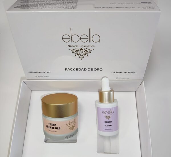 Marca: Ebella Natural Cosmetics. Imagen: kit-antiedad-pack-edad-de-oro-crema-y-serum.jpeg. Pack Edad de Oro: Crema Edad de Oro + Colágeno y Elastina