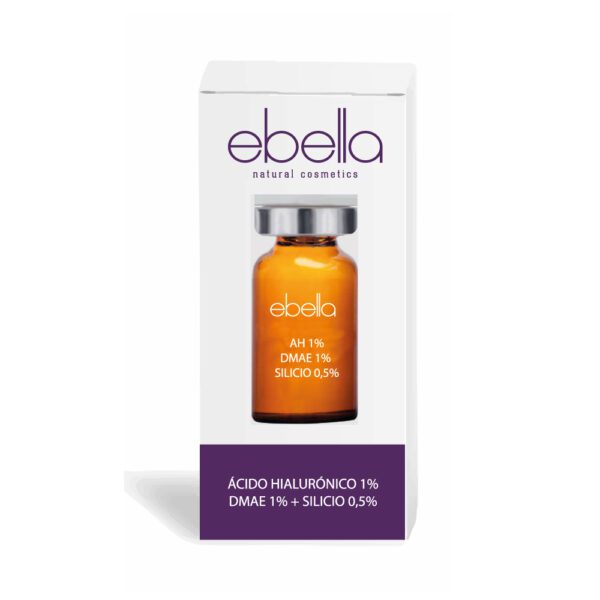 Marca: Ebella Natural Cosmetics. Imagen: vial-acido-hialuronico-dmae-silicio-ebella-unidosis.jpg. Ácido Hialurónico 1% + DMAE 1% + SILICIO 0,5%, 1 Vial Ebella 5ml