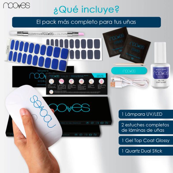 Marca: NOOVES. Imagen: KitBlue2_new1.jpg. Starter Kit Beauty Blue|2 Láminas de Uñas de Gel Precurado Premium|Lámpara de uñas UV/LED|Gel Top Coat Glossy|Tiras De Uñas De Gel semicurado|Pegatinas Uñas Semipermanente en Gel|Gel Nail stickers