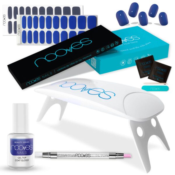 Marca: NOOVES. Imagen: KitBlue2_new2.jpg. Starter Kit Beauty Blue|2 Láminas de Uñas de Gel Precurado Premium|Lámpara de uñas UV/LED|Gel Top Coat Glossy|Tiras De Uñas De Gel semicurado|Pegatinas Uñas Semipermanente en Gel|Gel Nail stickers