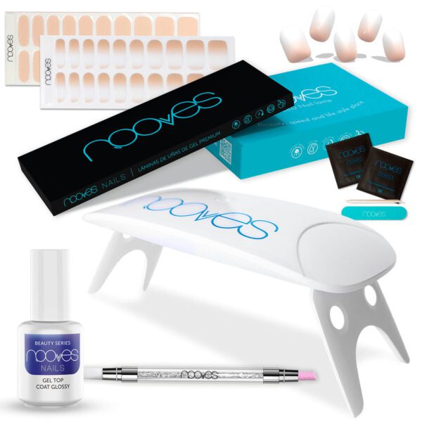 Marca: NOOVES. Imagen: KitNude1_1.jpg. Starter Kit Beauty Nude|2 Láminas de Uñas de Gel Precurado Premium|Lámpara de uñas UV/LED|Gel Top Coat Glossy|Tiras De Uñas De Gel semicurado|Pegatinas Uñas Semipermanente en Gel|Gel Nail stickers