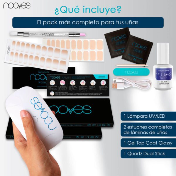 Marca: NOOVES. Imagen: KitNude1_2.jpg. Starter Kit Beauty Nude|2 Láminas de Uñas de Gel Precurado Premium|Lámpara de uñas UV/LED|Gel Top Coat Glossy|Tiras De Uñas De Gel semicurado|Pegatinas Uñas Semipermanente en Gel|Gel Nail stickers