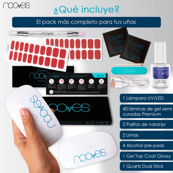 Marca: NOOVES. Imagen: KitRed1.jpg. Starter Kit Beauty Red|2 Láminas de Uñas de Gel Precurado Premium|Lámpara de uñas UV/LED|Gel Top Coat Glossy|Tiras De Uñas De Gel semicurado|Pegatinas Uñas Semipermanente en Gel|Gel Nail stickers