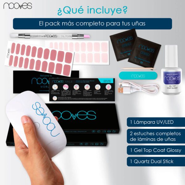 Marca: NOOVES. Imagen: KitRose31.jpg. Starter Kit Beauty Rose|2 Láminas de Uñas de Gel Precurado Premium|Lámpara de uñas UV/LED|Gel Top Coat Glossy|Tiras De Uñas De Gel semicurado|Pegatinas Uñas Semipermanente en Gel|Gel Nail stickers