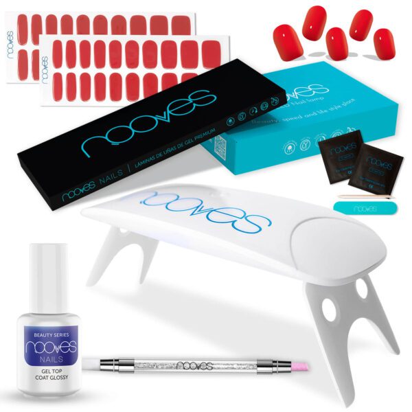 Marca: NOOVES. Imagen: Kitred2.jpg. Starter Kit Beauty Red|2 Láminas de Uñas de Gel Precurado Premium|Lámpara de uñas UV/LED|Gel Top Coat Glossy|Tiras De Uñas De Gel semicurado|Pegatinas Uñas Semipermanente en Gel|Gel Nail stickers