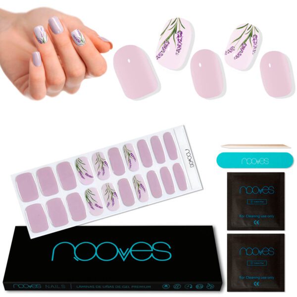 Marca: NOOVES. Imagen: LavanderMesadetrabajo1.jpg. NOOVES - Láminas de Gel para Uñas|Lavander - Nail Art 20 uds, Uñas de Gel Semicuradas Premium, Gel Nail Stickers,Pegatinas Uñas de Gel, Incluye 1 Lima de Uñas y 1 Palito de Naranjo, Vegano