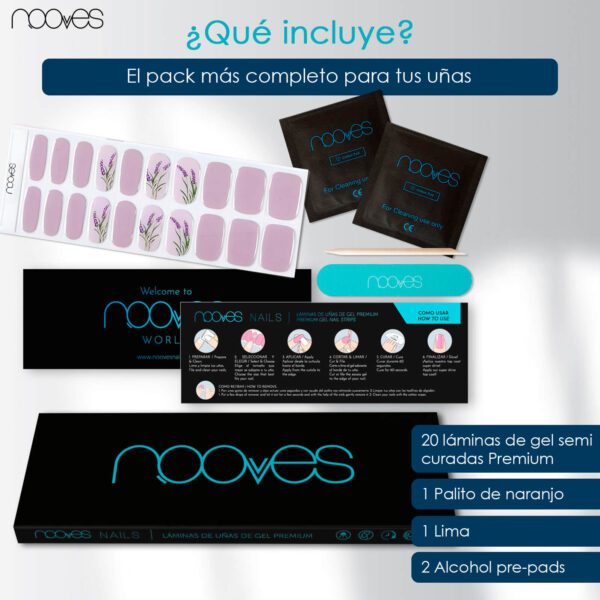 Marca: NOOVES. Imagen: LavanderMesadetrabajo5.jpg. NOOVES - Láminas de Gel para Uñas|Lavander - Nail Art 20 uds, Uñas de Gel Semicuradas Premium, Gel Nail Stickers,Pegatinas Uñas de Gel, Incluye 1 Lima de Uñas y 1 Palito de Naranjo, Vegano