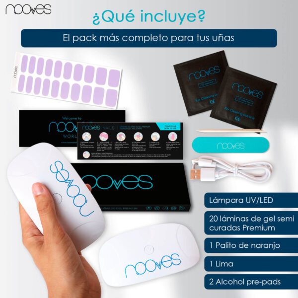 Marca: NOOVES. Imagen: PackSoftLilacMesadetrabajo5.jpg. Láminas de Uñas de Gel Precurado Soft + Lámpara de secado de uñas UV/LED PORTÁTIL 8w|Tiras De Uñas De Gel semicurado|Pegatinas Uñas Semipermanente en Gel|Gel Nail stickers|Uñas de gel Pegatinas